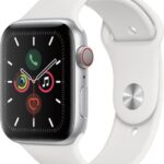 Apple Watch Series 5 (GPS + Cellular, 44MM) - Titanium Silver Case with White Sport Band (Renewed)