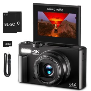 4K Digital Camera for Photography, 64MP Vlogging Camera for YouTube with 3" 180Â° Flip Screen, 18X Digital Zoom Point and Shoot Camara with 32GB Micro SD Card for Beginner (Black)