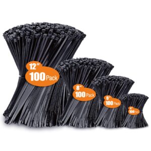 Zip Ties Assorted Sizes(4â€+6â€+8â€+12â€), 400 Pack, Black Cable Ties, UV Resistant Wire Ties by ANOSON