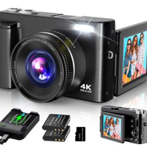 4K Digital Camera for Photography Autofocus, 2024 Latest 48MP Vlogging Camera for YouTube with SD Card, 2 Batteries, 3" 180Â°Flip Screen Compact Travel Camera for Teens with 16X Zoom, Anti-Shake,Black