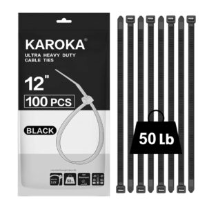 Zip Ties 12 inch (100 Pack), Black, 50 lb, UV Resistant Cable Ties for indoor and outdoor use, by Karoka