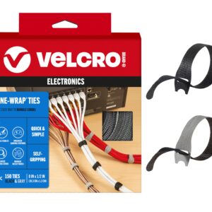 VELCRO Brand 150pk Cable Ties Value Pack | Replace Zip Ties with Reusable Straps, Reduce Waste | For Wire Management and Cord Organizer | 8 x 1/2" Thin Pre-Cut Design, Black and Gray