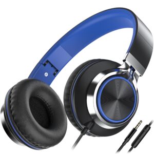 AILIHEN C8 Headphones Wired, On-Ear Headphones with Microphone and Volume Control Foldable Corded Stereo 3.5mm Headset for Smartphones Chromebook Laptop Computer PC Tablets Travel(Black/Blue)
