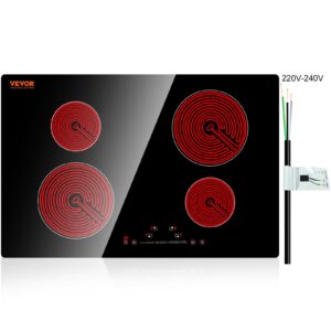 VEVOR LT4-77 Built in Electric Ceramic 23.2 x 20.5 inch Stove Top, 240V Glass Radiant Cooktop with Touch Control, Timer & Child Lock, 9 Power Levels for Simmer Steam Slow Cook Fry, 24IN 4-Burners
