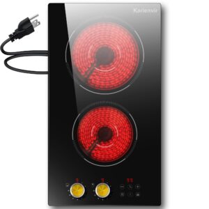 2 Bruner Electric Cooktop, Plug in Electric Cooktop 110v, 12 Inch Kitchen Electrics Stove Countertop & Built-In, Knob and Touch Control, 9 Power Levels, 2000w, Safety Lock, Pause, Timer, Karienvir