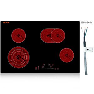 VEVOR Built in Electric Stove Top, 30 inch 4 Burners, 240V Glass Radiant Cooktop with Sensor Touch Control, Timer & Child Lock Included, 9 Power Levels for Simmer Steam Slow Cook Fry