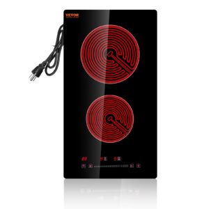 VEVOR Built in Electric Stove Top, 12 inch 2 Burners, Glass Radiant Cooktop with Sensor Touch Control, Timer & Child Lock Included, 9 Power Levels for Simmer Steam Slow Cook Fry,110V with US Plug