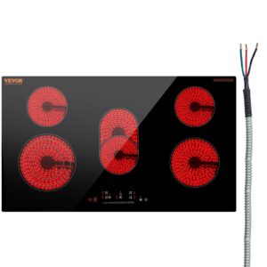 VEVOR Electric Cooktop, 36 inch 5 Burners Built-in Electric Stove Top, 8600W Ceramic Top Radiant Cooktop with Glass Panel, Touch Control, Timer, Child Lock, 9 Heat Level, 220-240V, Hard Wire (No Plug)