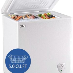 5.0 Cubic Feet Deep Chest Freezer Compact Freezers with Adjustable Thermostat Top Open Door with Removable Storage Basket for Home Kitchen and Bar