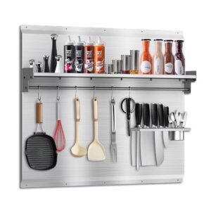 VENFAN Range Backsplash, 36 x 30 Inch Wall-Mounted Stainless Steel Backsplash with Built-in Storage Shelf & Hanging Rack, Stainless Steel Backsplash for Stove Easy Installation