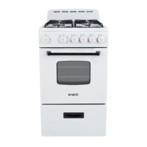 Avanti Gas Range Oven, Compact Freestanding Design, 4 Sealed Burners with Electronic Ignition, 2.1 Cu.Ft. Capacity Features Framed Glass Door Storage Drawer Broiler and Accessories, 20-Inch, White