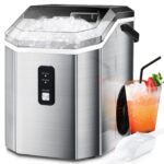 ZAFRO Nugget Ice Maker Countertop with Handle, Stainless Steel Ice Maker Portable with Slef-Cleaning, 35Lbs/24H, 7Mins Fast Ice Making, with Ice Basket/Ice Scoop for Home/Office/Bar, Silver