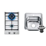 12" 2 Burner 3750BTU+12250BTU Stainless Steel Gas Cooktop & 15"x15" Stainless Steel Kitchen Sink Bundle