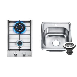 12" 2 Burner 3750BTU+12250BTU Stainless Steel Gas Cooktop & 15"x15" Stainless Steel Kitchen Sink Bundle