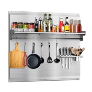30x24 Inch Stainless Steel Backsplash - Commercial Grade Kitchen Back splash with Spice Rack & Utensil Hooks, Stove Backsplash Protector for Kitchen Wall Shield, Easy to Install