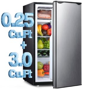 Anypro Fridge with Freezer 3.25 Cu.Ft Single Door Refrigerator with 7 Temperature Settings, Low Noise, Adjustable Glass Shelves and Drawer for Bedroom, Office, Dorm, Silver