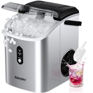 EUHOMY Nugget Ice Maker Countertop with Handle, Ready in 6 Mins, 34lbs Per Day, Removable Top Cover, Auto-Cleaning, Portable Sonic Ice Maker with Basket and Scoop, for Home/Party/RV/Camping (Silver)
