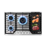 AMZCHEF 30 inch Gas Cooktop with 5 Made in Italy SABAF Power Burners,Max 48300 BTU/hr Built-in Gas Stove top of 304 Stainless steel with Double Sided griddle,NG/LPG Convertible,ETL.