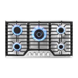 AMZCHEF 36 inch Gas Cooktop with 5 Made in Italy SABAF Power Burners.Max 48300 BTU/hr Built-in Gas Stove top of 304 Stainless steel,NG/LPG Convertible,ETL.