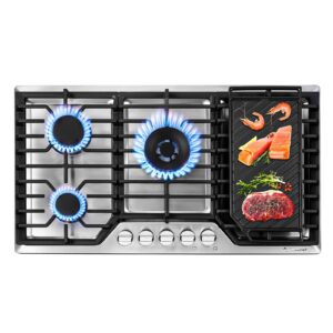 AMZCHEF 36 inch Gas Cooktop with 5 Made in Italy SABAF Power Burners.Max 48300 BTU/hr Built-in Gas Stove top of 304 Stainless steel with Double Sided griddle,NG/LPG Convertible,ETL.