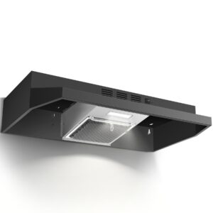 Zomagas 24 inch Range Hood Under Cabinet, Black Kitchen Hood 280CFM, Ducted/Ductless Vent Hood with Rocker Button Control, Stove Hood with 2 Speeds Fan, Bright LED Light