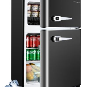 Anypro 3.2 Cu.Ft Refrigerator, Retro Double Door Fridge with Freezer, 7 Adjustable Temperature Settings, Removable Glass Shelves for Dorm, Office, Bedroom, Apartment, Black