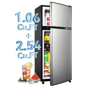 Anypro 3.6 Cu.Ft Fridge with Freezer, Double Door Refrigerator with 6 Level Thermostat, LED Light, Adjustable Glass Shelves for Bedroom, Office, Dorm, Apartment, Silver
