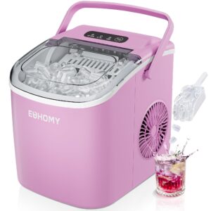EUHOMY Countertop Ice Maker Machine with Handle, 26lbs Per Day, 9 Ice Cubes Ready in 6 Mins, Auto-Cleaning Portable Ice Maker with Basket and Scoop, for Home/Kitchen/Camping/RV (Pink)