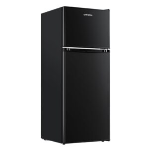 Upstreman 4.0 Cu.Ft. Mini Fridge with Freezer, Dorm Essentials, Double Door Small Refrigerator for Office, Dorm, Bedroom, Adjustable Thermostat, Large Capacity, Black-BR401