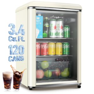 Anypro 3.4 Cu.Ft Beverage Refrigerator, Retro Fridge with Tempered Glass Door, Wine Drink Beer Fridge for Dorm, Office, Bedroom, Bar, 7 Temperatures, Adjustable Removable Shelves