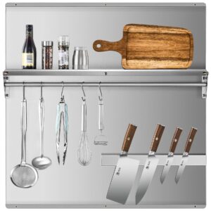 Wilprep Range Backsplash, 30"x30" Stainless Steel Backsplash with Storage Shelf & Magnetic Knife Rack, Range Hood Stainless Steel Backsplash for Stove, Range Hood Wall Shield with Pre-Drilled Holes