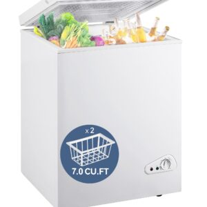 7.0 Cu Ft Chest Freezer - Energy Efficient & Quiet Mini Freezer with Adjustable Thermostat - Compact Deep Freezer for Home, Apartment, and Garage - Removable Basket & Defrost Drain