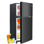 Anypro 3.2 Cu.Ft Fridge with Freezer, 2 Door Refrigerator with 7 Level Thermostat, LED Light, Adjustable Removable Glass Shelves for Bedroom, Office, Dorm, Apartment, Black