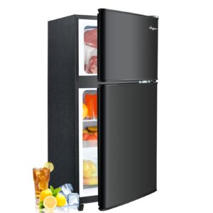 Anypro 3.2 Cu.Ft Fridge with Freezer, 2 Door Refrigerator with 7 Level Thermostat, LED Light, Adjustable Removable Glass Shelves for Bedroom, Office, Dorm, Apartment, Black