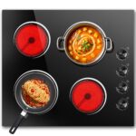 24 Inch Electric Cooktop, Nefaracy 6000W Electric Stove with 4 Burner, Built-in Radiant Electrical Cooktop with Knob Control, 9 Power Levels, Overheat Protection & Hot Warning, 220V Hard Wire