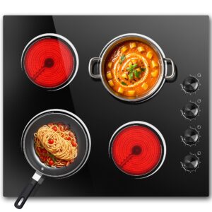24 Inch Electric Cooktop, Nefaracy 6000W Electric Stove with 4 Burner, Built-in Radiant Electrical Cooktop with Knob Control, 9 Power Levels, Overheat Protection & Hot Warning, 220V Hard Wire