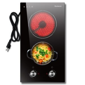2 Burner Electric Cooktop, 110v Electric Stove with Plug, 12 Inch Countertop & Built-In Portable Electric Stove, 9 Levels of Power, 2000W, Knob Controls, Residual Heat Warnings, Karienvir