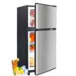 Anypro 3.2 Cu.Ft Double Door Fridge with Freezer for Bedroom, Office, Dorm and Apartment with 7 Temperature Control, Adjustable Remove Glass Shelves, Portable Refrigerator, Silver