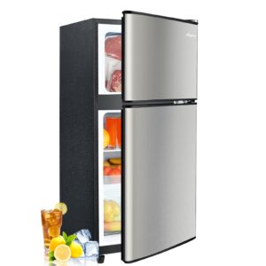 Anypro 3.2 Cu.Ft Double Door Fridge with Freezer for Bedroom, Office, Dorm and Apartment with 7 Temperature Control, Adjustable Remove Glass Shelves, Portable Refrigerator, Silver