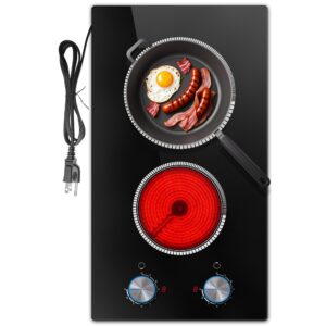 2 Burner Electric Cooktop 120V, 12 Inch Stove Top Burner 2000W, Double Burner Electric Stove with Knob Control, 9-Level Heat, Overheat Protection, High-Temp Alarm, 120V UL Plug