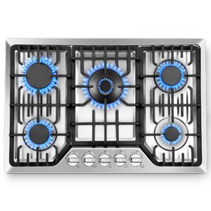 Amzgachfktch Gas Cooktop 30 Inch with 5 Italy SABAF Powerful Burners, Max 48,300 BTU/hr Gas Stove Top, Built-in 304 Stainless Steel Propane Stove, NG/LPG Convertible, CSA Certified