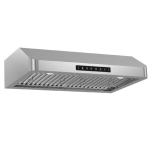 VIKIO HOME Range Hood 30 Inch Under Cabinet, Kitchen Hood with 980 CFM, 3-Speed Gesture Sensing & Touch Control Panel, Stainless Steel Vent 2 Pcs Baffle Filters with Handlebar