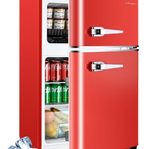 Anypro 3.2 Cu.Ft Refrigerator, Retro Double Door Fridge with Freezer, 7 Adjustable Temperature Settings, Removable Glass Shelves for Dorm, Office, Bedroom, Apartment, Red