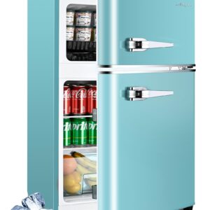 Anypro 3.2 Cu.Ft Refrigerator, Retro Double Door Fridge with Freezer, 7 Adjustable Temperature Settings, Removable Glass Shelves for Dorm, Office, Bedroom, Apartment, Blue