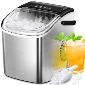 ZAFRO Ice Maker Countertop, Portable Stainless Steel Ice Machine with Self-Cleaning,26.5lbs/24H,9 Bullet Ice Cubes in 6 Mins,Ice Basket and Scoop,Ideal for Home,Kitchen,Party,Dormitory-Silver