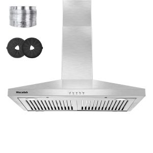 30 inch Wall Mount Range Hood 450 CFM Over Stove Vent Stainless Steel Vent Hood with Ducted Exhaust Vent Push Button 2 LED Lights 3-Speeds Exhaust Fan 2 Pcs Charcoal Filters (Model 303)