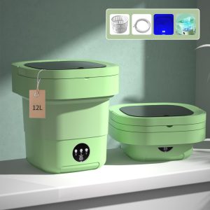 12 Liter Portable Washer Machine Foldable Mini Compact, with Drain Basket and Drain Hose, for Babies, Underwear, Pets and Summer Clothes, 3 Cleaning Modes, Green, for RV, Travel, Apartments