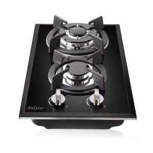 Anlyter 12 Inch Gas Cooktop, 2 Burner Built-in Stovetop Tempered Glass LPG/NG Convertible Dual Fuel Sealed Hob - Black