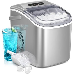 AGLUCKY Portable Ice Maker Machine Countertop with Handle,26Lbs/24H,9 Bullet Ice Ready in 7 Mins,Self-Cleaning Function with Ice Scoop and Basket,Ideal for Home Office Kitchen(Gery)