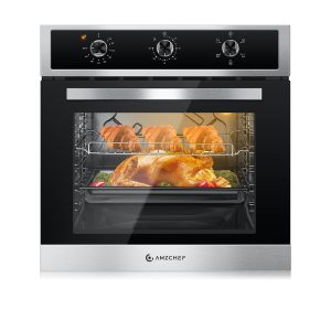 AMZCHEF 24" Single Wall Oven, 2.65 Cu.ft. Built-in Electric Wall Oven with 5 Cooking Functions, 360° ROTATING ROTISSERIE, 2200W, Mechanical Knobs Control, Timer, Stainless Steel Wall Oven for Kitchen